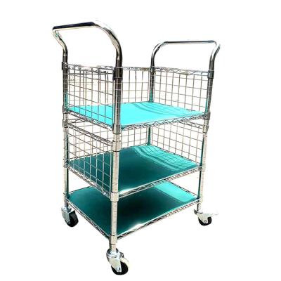 China Suitable For Outside 3 Tier Chrome Wire Metal Basket Trolley Anti-Static Service Trolley With Handle for sale