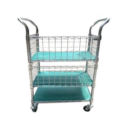 China Suitable For Outdoors Chrome Plated Wire Mesh Trolley Mobile Shelves Anti-Static Cart With Handle for sale