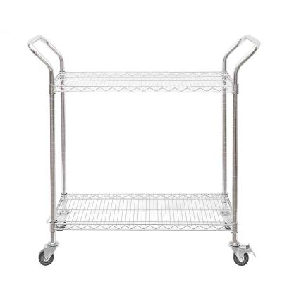 China Suitable for outdoor kitchen wheel shelf catering service cart 2 layers metal wire cart with handle for sale