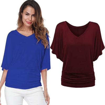 China Plus Size Women's Breathable T-Shirts Ruched Blouse V-Neck Bat Wing Sheath Oversized Ladies Casual Top for sale