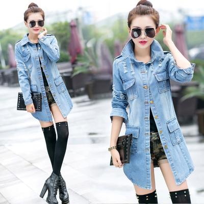 China Women's Blue Jackets Coats Jackets Spring Distressed Ripped Denim Skinny Jean Jacket Long Dress Coat for sale