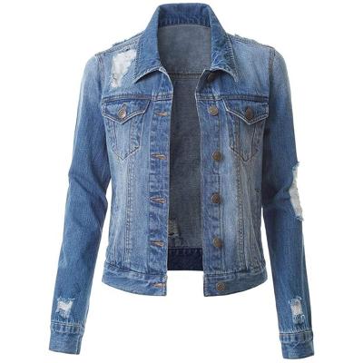 China Winter Denim Jacket Women's Ripped Jackets Girls Coats Big Slim Fit Ripped Black Sports Jean Trucker Jacket for sale