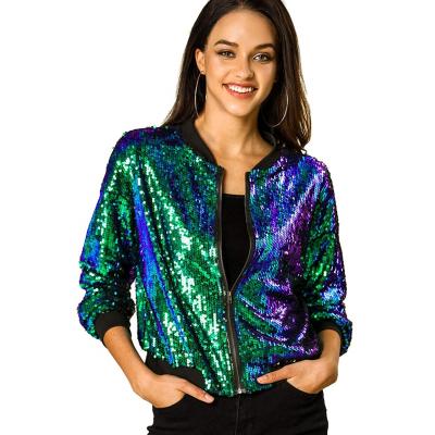 China Viable Women's Glitter Green Varsity Jackets Plus Size Sequin Blazer Sparkle Tops Flight Gear Coat Black Baseball Shiny Jacket for sale