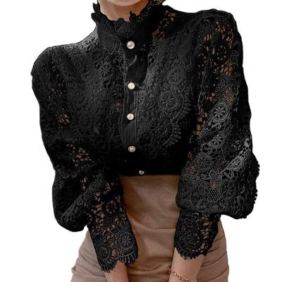 China Viable Women's Shirts Black White Lace Top UK French Style Clothes Stand Collar Elegant Floral Blouse Long Sleeve Shirt for sale