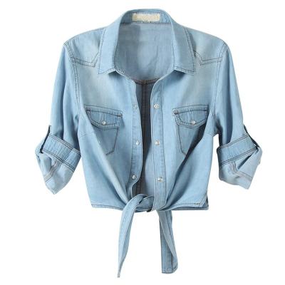 China High Quality Anti-wrinkle Women's Denim T-Shirts 3/4 Sleeve Tops Front Tie Up Crop Top Cardigan Jacket Jeans Shirt for sale