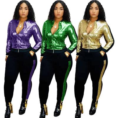 China Viable Women's Purple Sequin Two Piece Sets Glitter Sweatsuit Pink Tracksuit Set Sparkly Jogging Suit Zipper Jacket Fashion Clothes for sale