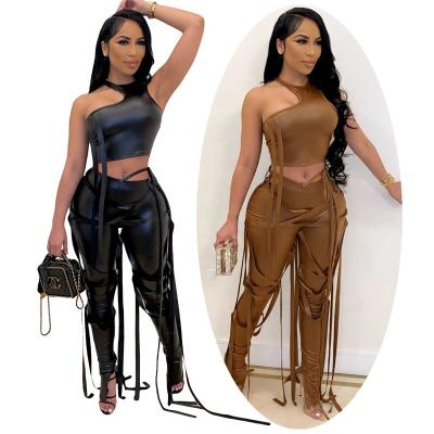 China QUICK DRY Women'S Faux Leather Bandage Two Piece Sets Pants Set Cute Crop Top Brown Split Edge Pants Night Club Outfits Dress Dresses for sale