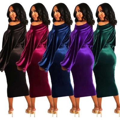 China Anti-wrinkle Women's Club Dresses Red Blue Velvet Off Shoulder Dress Winter Long Sleeve Bodycon Midi Dress Dress for sale