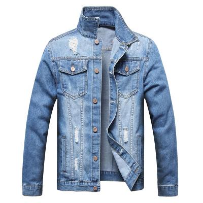 China Men's Jean Jackets Slim Fit Skinny Windproof Ripped Royal Blue Winter Coated Distressed Denim Jacket for sale