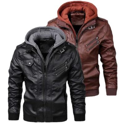 China High Quality Men's Hood Pu Faux Leather Moto Stand Collar Coat Motorcycle Clothing Dismountable Bomber Jacket Anti-UV for sale