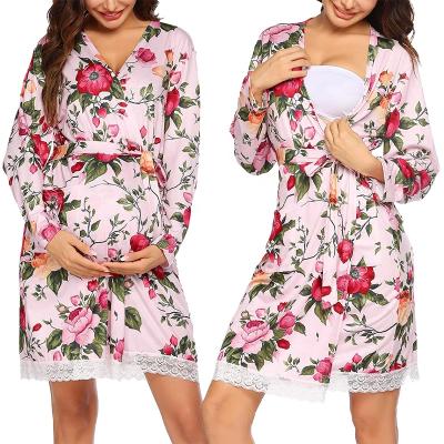 China Women's Floral Bathrobe Sleepwear Lace Care Nightgown Long Robe Pregnancy Pajamas Ladies Sleepwear Breathable Maternity Robe for sale