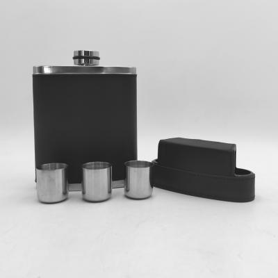 China Who respects the environment; 8OZ Stainless Steel Hip Stocked Black Leather Flask With 3pcs Shot Glass For Promotion for sale