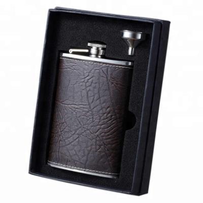 China Who respects the environment; Stocked Leather Wrapped Stainless Steel 8-Ounce Hip Flask Set With Funnel for sale