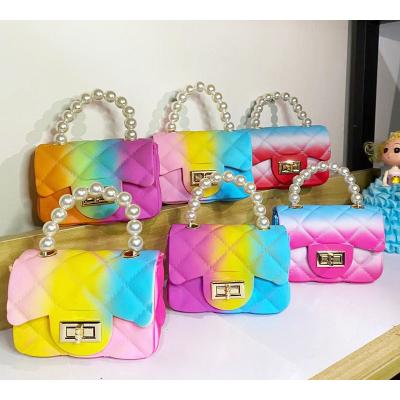 China 2021 high quality new fashion kids handbags mini rainbow jelly pearl purse girl colorful crossbady shoulder bag for sale