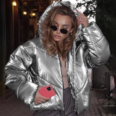 China Cheap Metallic Cotton Winter Windbreaker Pocket Zipper Jacket Anti-wrinkle Warm Silver Coat For Women for sale