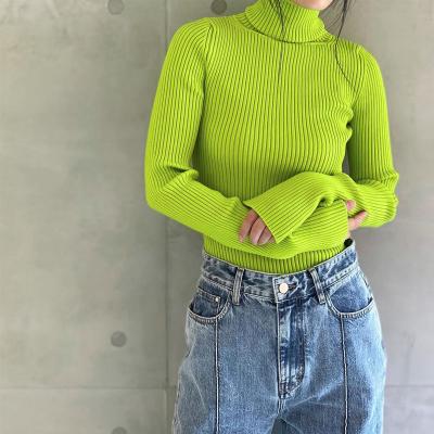 China 2022 Anti-Wrinkle Women's Autumn Winter Knitted Solid Color Casual Neck Long Sleeve Crop Sweater Top for sale