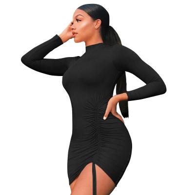 China TOB Breathable Women 2021 New Solid Color Turtle Neck Ruched Long Sleeve Dresses Fall And Winter Bodycon Dress JZ500 for sale