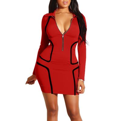 China Plus Size Women's Sexy Zipper Front Plus Size Dress Stripe TOB Splicing Long Sleeve Club Bodycon Mini Dresses for sale