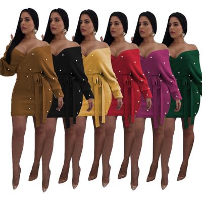 China TOB 2021 Women Dress Shirt Sexy High Quality Breathable V-Neck Long Sleeve Knit Maxi Bodycon Dress Pencil Skirt for sale