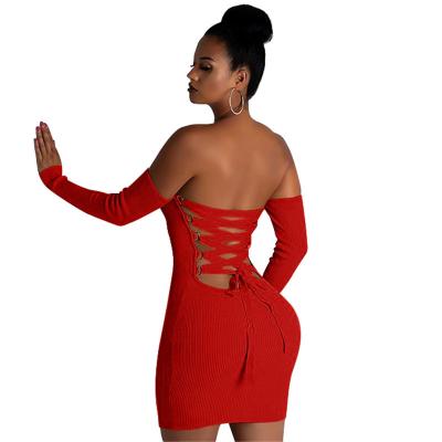 China Plus Size Women's Sexy Off Shoulder TOB 2020 Backless Lace Up Sexy Club Bodycon Mini Dress Long Sleeve Dress JZ507 for sale