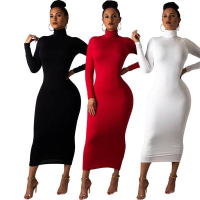 China TOB Fashionable Breathable Ladies Slim Casual Dresses Sheath Long Sexy Slim High Collar Bodycon Dresses For Fat Women JZ550 for sale