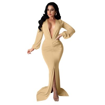 China TOB 2021sexy v neck breathable long sleeve maxi dress high waist ruched bodycon women mermaid evening dresses BK735 for sale