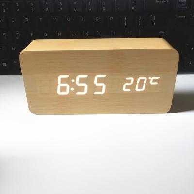 China Calendars Factory High Quality Handmade Rectangle Alarm Clock Wooden Led Table Clock Wood Led Wooden Clock for sale