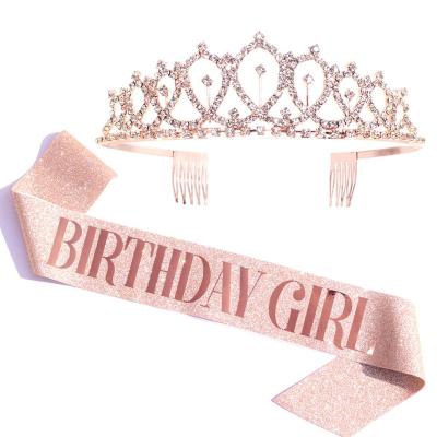 China Girl Birthday Sash Birthday Party Decorations and Birthday Sash Birthday Gifts Tiara Kit Rose Gold Sash Gifts Rhinestone Glitter for sale