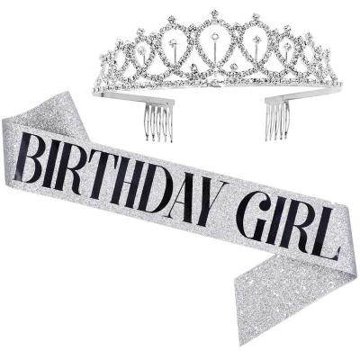 China Birthday Party Decorations Sell Silver Queen Birthday Sash and Tiara Wholesale Rhinestone Kit 21st 30th Birthday Gifts for Women Birthday Party Supplies for sale