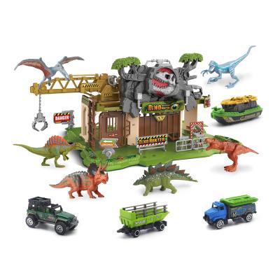 China Diecast Toy 2023 Good Quality 42+Pcs Tending Plastic Dinosaurs Hut Theme Park Game Set Assembly Diy Small Toy Dinosaur Car for sale