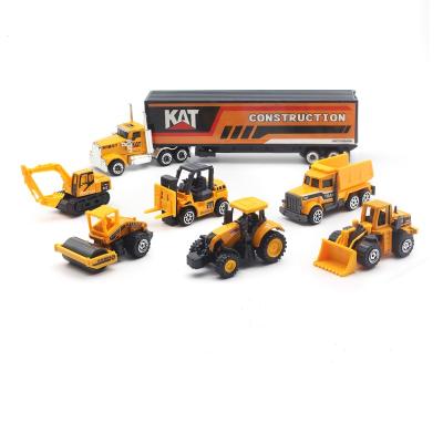 China Hot Sale 7Pcs Plastic Construction Vehicle Set With Mat Die-Cast Dump Truck Excavator Digger Forklift Bulldozer Loader Play Toy Car For for sale