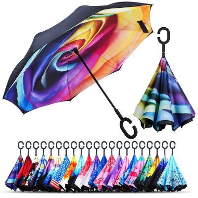 China Vintage Wholesale Custom C Handle Reverse Inverted Umbrella Windproof Double Curved Inverted Umbrella 49 Inch Inner And Outer for sale