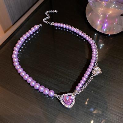 China Kaimei BOHEMIA Style Korean Heart Crystal Choker Necklaces For Women Purple Pearl Necklaces Party Jewelry Gifts for sale