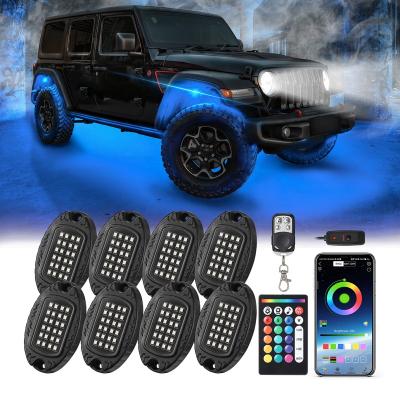 China Dual Zone Control 8Pods Metal RGBW LED Rock Lights with APP/RF Remote Control 24LEDs Underglow Lights with Dual Zone Brake Light Turn Signal 12V for sale