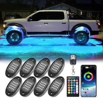 China Dual Zone Control 8Pods RGB LED Rock Light wiht APP Remote Control 16LED 36w Underglow Lights Chasing for Offroad Truck for sale