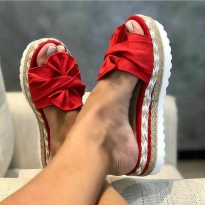 China 2020 Summer Thick-soled Bow Tie Mid-Heel Wedges Open-toed Fashion Slippers Sweat-absorbent Women's Slippers Beach Outdoor Vacation Women's Shoes for sale