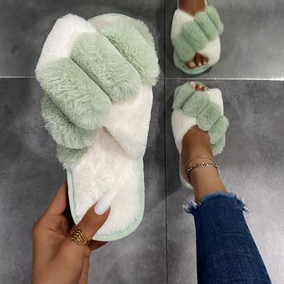 China Height Increasing 2021 Winter Women Winter Women Plush Slippers Faux Fur Soft Indoor Slippers Colorimetric Cross Open-Toed Fluffy Slippers for sale