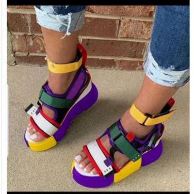 China Outdoor Color-blocking Crescent Velcro Ankle Strap Sandals Summer Fashion High Waist Platform Sandals Open-Toe Wedges Women's Casual Shoes for sale