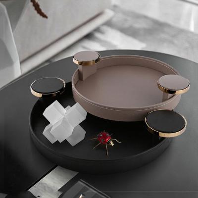 China Viable Modern Faux Leather Tray Model Room Restaurant Decoration Storage Tray Family Living Room Gray Flower Fruit Dish Set for sale