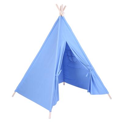 China Catton Affair and Indoor Canvas Kids Teepee Tent Baby Dollhouse with Small Colorful Flags Roll Shade and Pocket Blue for sale