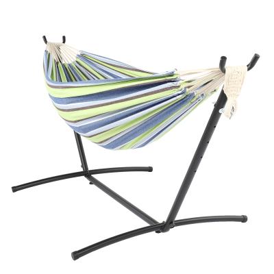 China Adult Hot Sale 200*150cm Polyester Cotton Hammock Green Strip Natural Rope Iron Hammock Set for sale