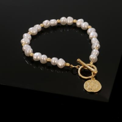 China TRENDY Toggle Clasp Irregular Bead Bracelet For Women OT Buckle 18K Gold Plated Coin Charm Bracelets for sale