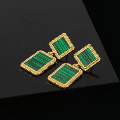 China Custom Genuine Vintage 18k Gold Malachite Natural Gemstone Drop Earrings Fashion Jewelry Natural Stone Stud Earrings for sale