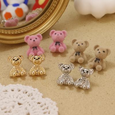 China FASHIONABLE Minimalism Silver Gold Plated 18k Cartoon Flocking Plush Teddy Bear Stud Earrings For Women Girl for sale