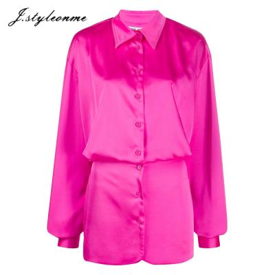 China Customized Fuchsia Anti-Static Long Sleeve Satin Chemise Dress For Women Button Up Summer Strapped Waist Polyester Mini Dress for sale