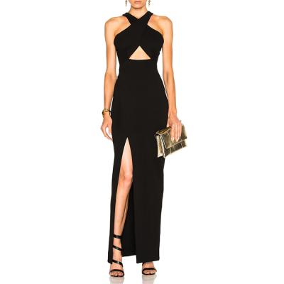 China Best Selling Strapless Anti-Static Strapless Crossover Dress Belt Side Split Polyester Blend Women Black Maxi Dress for sale