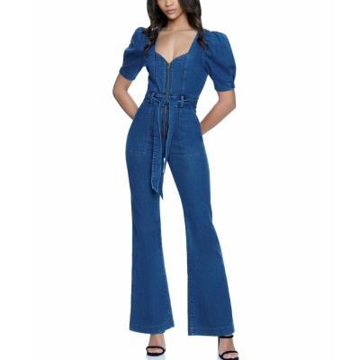 China Wholesale Waterproof Short Puff Sleeve Washed Denim Romper Zipper Zipper Rocker Leg Skinny Overalls for sale