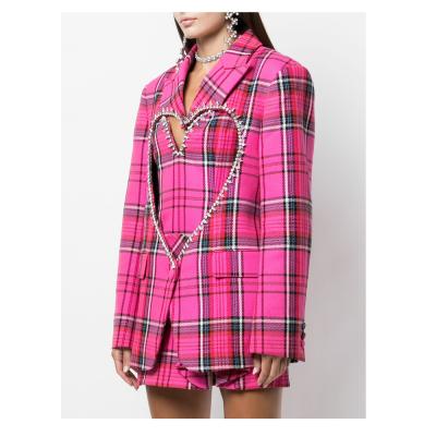 China Latest Fashion Windproof Crystal Check Coats Long Sleeve Women Blazers Suit High Cut Heart Coated Office Ladies for sale