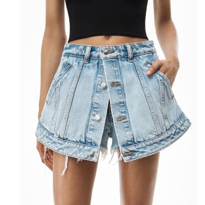 China High quality anti-static street wear washed denim blue casual women's skirt summer button distress shorts mini skirt for sale