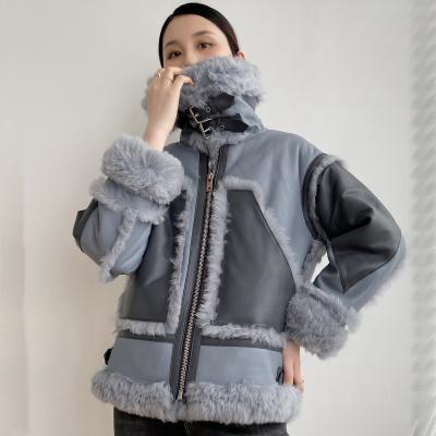 China OFTBUY 2021 New Fashion Leather Double Faced Fur Winter Jacket Women Coat Genuine Leather Natural Merino Sheep Fur Outerwear Locomotive for sale